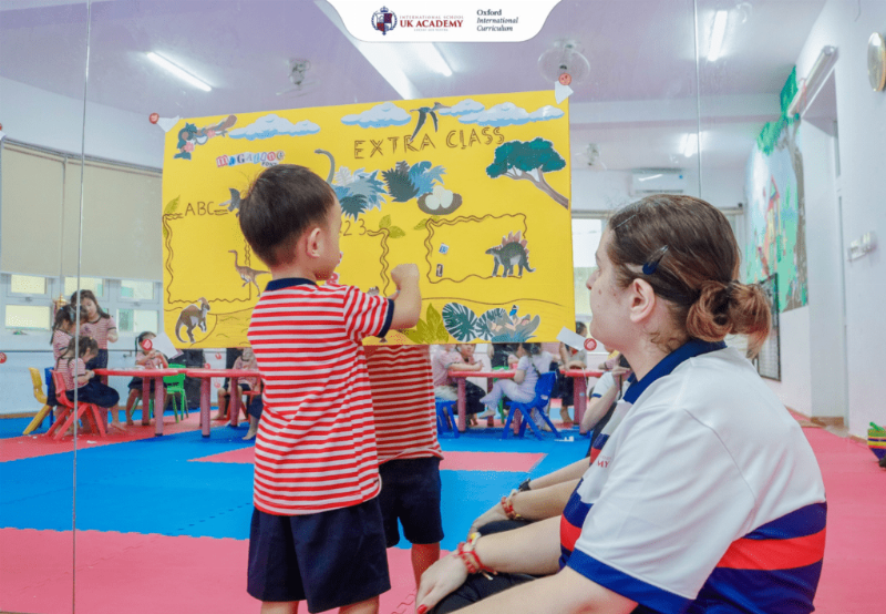 Trẻ học từ vựng tiếng Anh tại nhà với flashcard hình ảnh và đồ vật thật, giúp ghi nhớ hiệu quả.